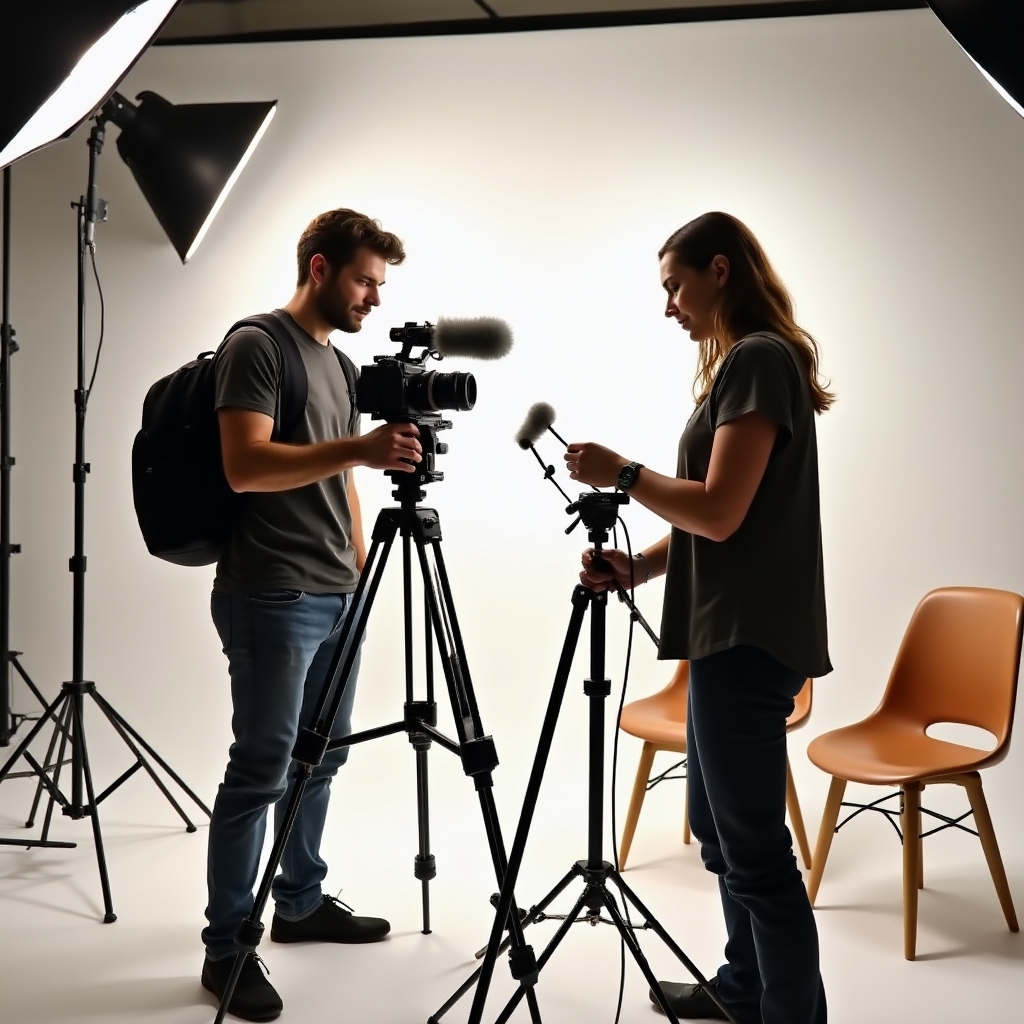 Echipă mică de filmare ajustând o cameră video și un microfon lavalieră înainte de un interviu